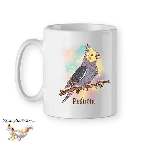 Mug Calopsitte Élégante Jaune et Gris, tasse cadeau prénom personnalisable perruche, petit perroquet oiseau, Illustration