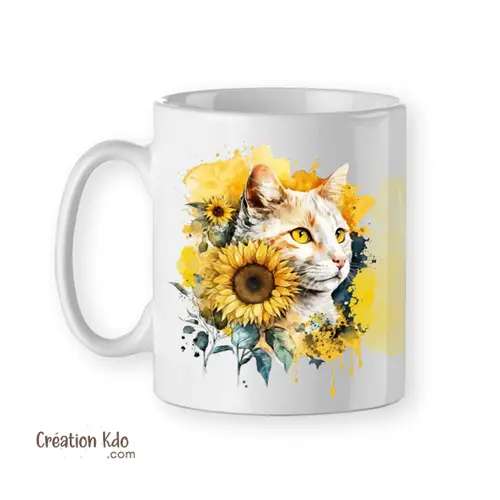 Mug Chat ambiance pastel aquarelle jaune et tournesol tasse cadeau