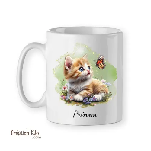 Mug Chat avec papillon Prénom personnalisé, cadeau Tasse chaton ambiance douce floral
