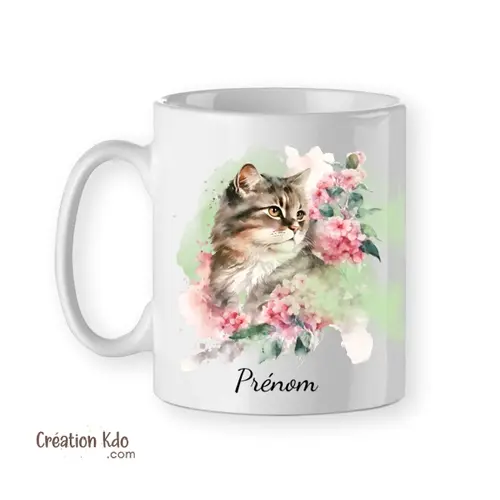 Mug Chat pastel aquarelle tons verts tasse floral cadeau personnalisé Prénom