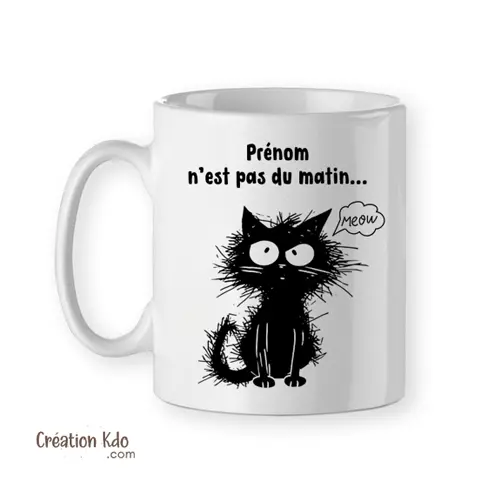 Mug Chat Prénom n'est pas du matin... cadeau personnalisé Tasse humour (modèle 2)