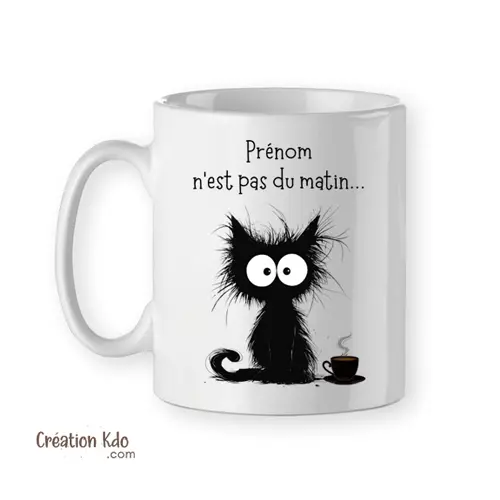 Mug Chat Prénom n'est pas du matin... cadeau personnalisé Tasse humour