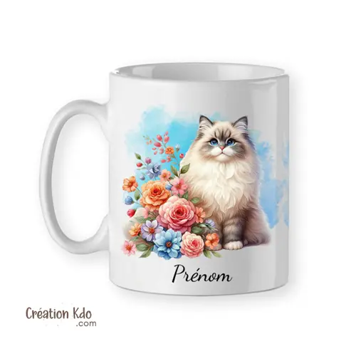 Mug Chat Ragdoll avec Prénom personnalisé, cadeau Tasse chat floral en céramique