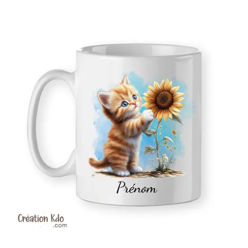 Mug Chat roux jouant avec une tournesol Prénom personnalisé, cadeau Tasse chat floral