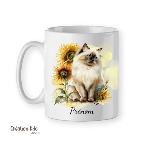 Mug Chat Sacré de Birmanie ambiance pastel aquarelle jaune et tournesol tasse cadeau