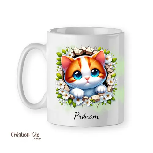 Mug Chat tigré roux floral avec Prénom, cadeau personnalisé Tasse mignonne chaton