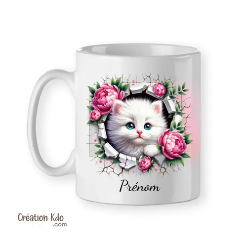 Mug Chaton blanc fleurs roses avec Prénom, cadeau personnalisé Tasse mignonne de chat