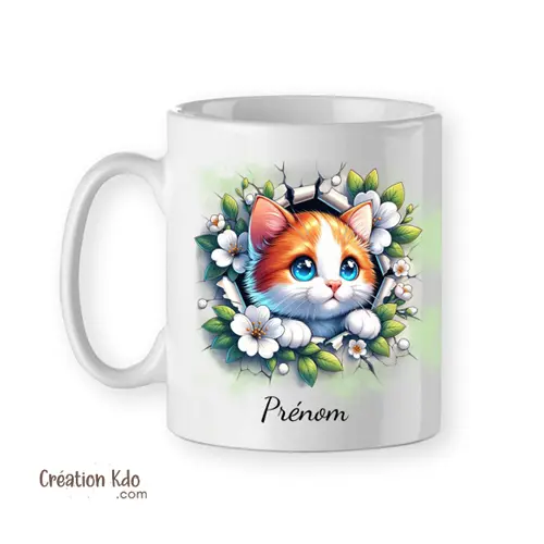 Mug Chaton roux floral avec Prénom, cadeau personnalisé Tasse mignonne de chat