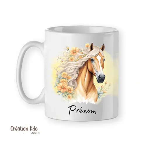 Mug cheval marron style aquarelle pastel jaune tasse chevaux prénom