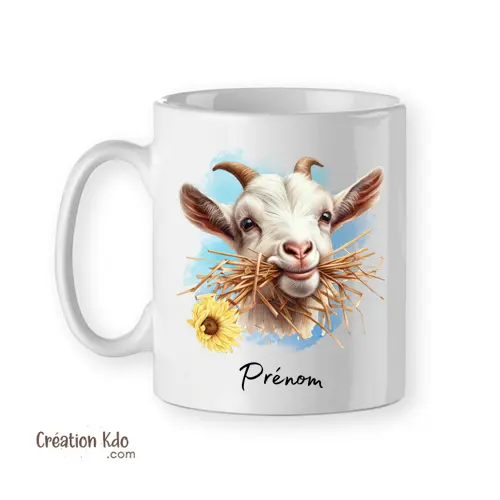 Mug chèvre mangeant le foin Tasse animalier portrait style aquarelle