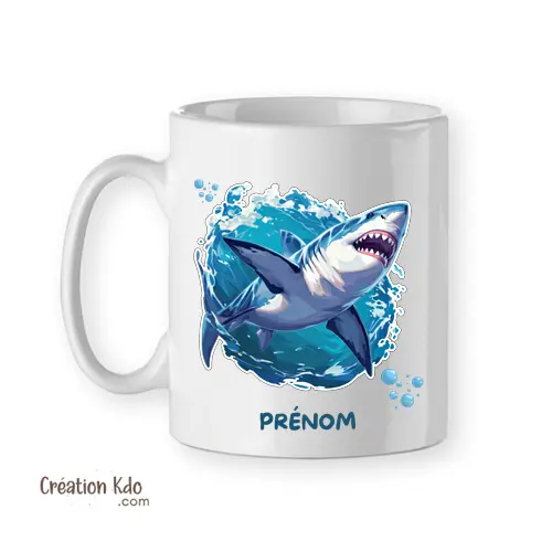 Mug grand requin blanc style aquarelle en céramique personnalisé prénom