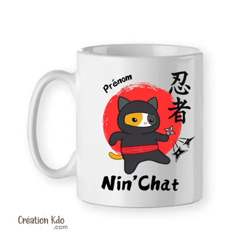 Mug humour ninja Nin'Chat ambiance japonaise tasse cadeau personnalisée prénom (modèle 2)