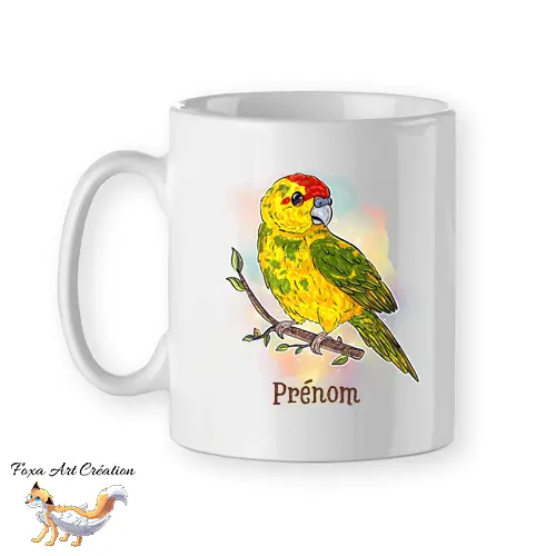 Mug Kakariki Jaune Panaché, Perruche de Sparrman, tasse cadeau prénom personnalisable petit perroquet oiseau, Illustration