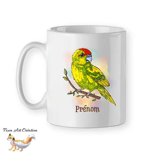 Mug Kakariki Vert Panaché, Perruche de Sparrman, tasse cadeau prénom personnalisable petit perroquet oiseau, Illustration