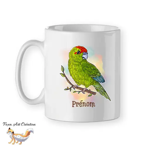 Mug Kakariki Vert, Perruche de Sparrman, tasse cadeau prénom personnalisable petit perroquet oiseau, Illustration