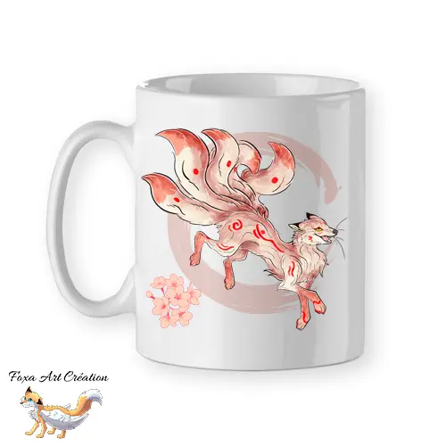 Mug Kitsune Blanc Renard Japonais Kyubi - Tasse Céramique Esprit Folklore Personnalisable Prénom