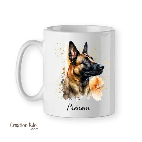 Mug Malinois portrait style aquarelle personnalisé avec prénom chien