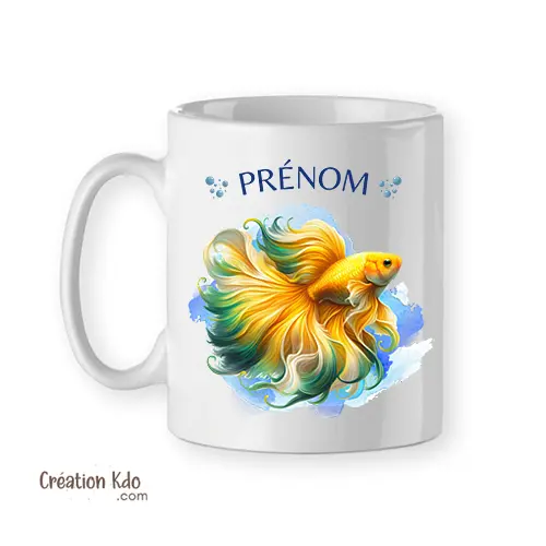 Mug poisson Betta Combattant jaune tasse en céramique, thème aquariophile
