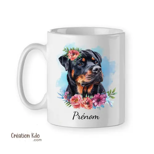 Mug Rottweiler fleuri tasse chien portrait personnalisable