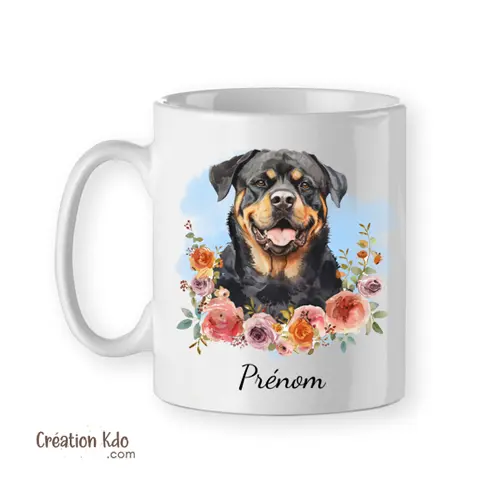 Mug Rottweiler portrait avec fleurs et petit fond bleu Tasse chien style aquarelle