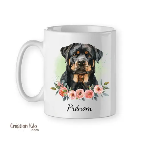 Mug Rottweiler portrait avec fleurs et petit fond vert Tasse chien style aquarelle