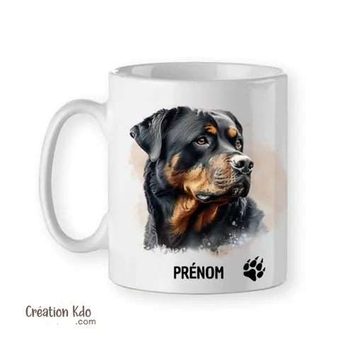 Mug Rottweiler Tasse chien portrait style aquarelle et prénom à personnaliser