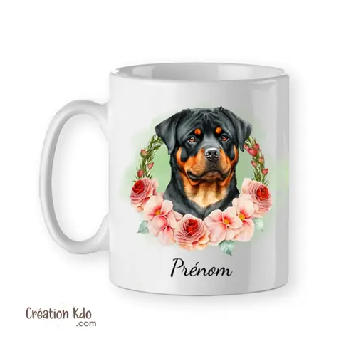 Mug Rottweiler Tasse floral chien portrait style aquarelle