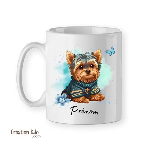 Mug Yorkshire Terrier tasse personnalisé avec prénom tons bleus