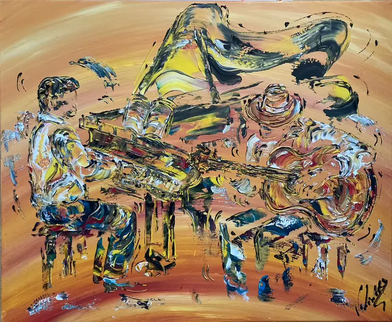 Musiciens duo guitare et piano - Peinture sur toile 73x60 cm