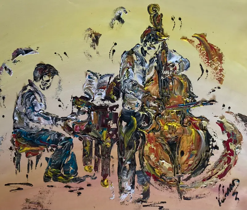 Musiciens piano contrebasse - Peinture sur toile 55x46cm