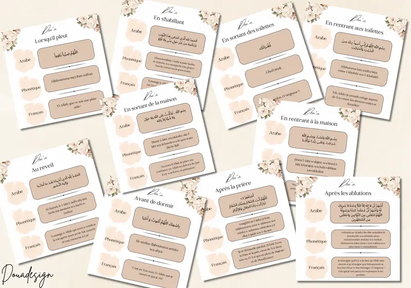 Pack Complet de Stickers Muraux Islamiques – 15 Invocations Quotidiennes (Arabe, Français, Phonétique)