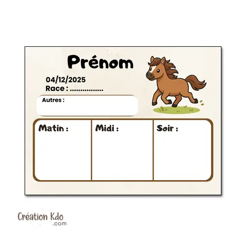 Panneau de Rations Personnalisé Plaque effaçable pour poneys et chevaux