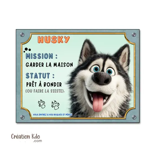 Panneau Husky Humour "Mission Garder la Maison" - Plaque Portail Attention au Chien Style Cartoon