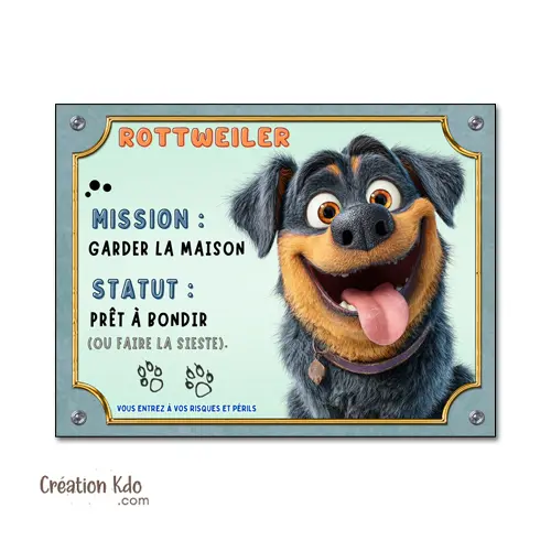 Panneau Rottweiler Humour "Mission Garder la Maison" - Plaque de Portail Attention au Chien Cartoon
