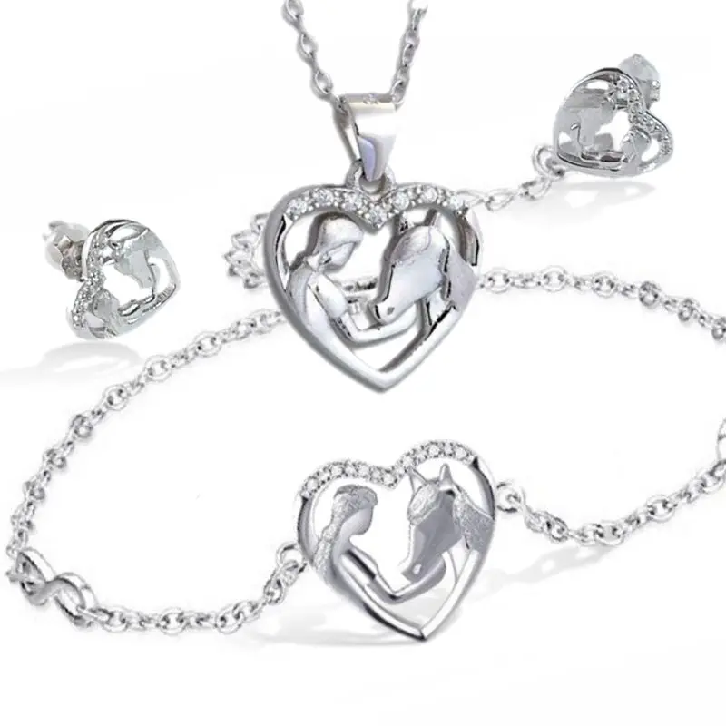 Parure Coeur Cheval fille - Collier - Bracelet et Boucles d'oreilles en argent massif et zircon