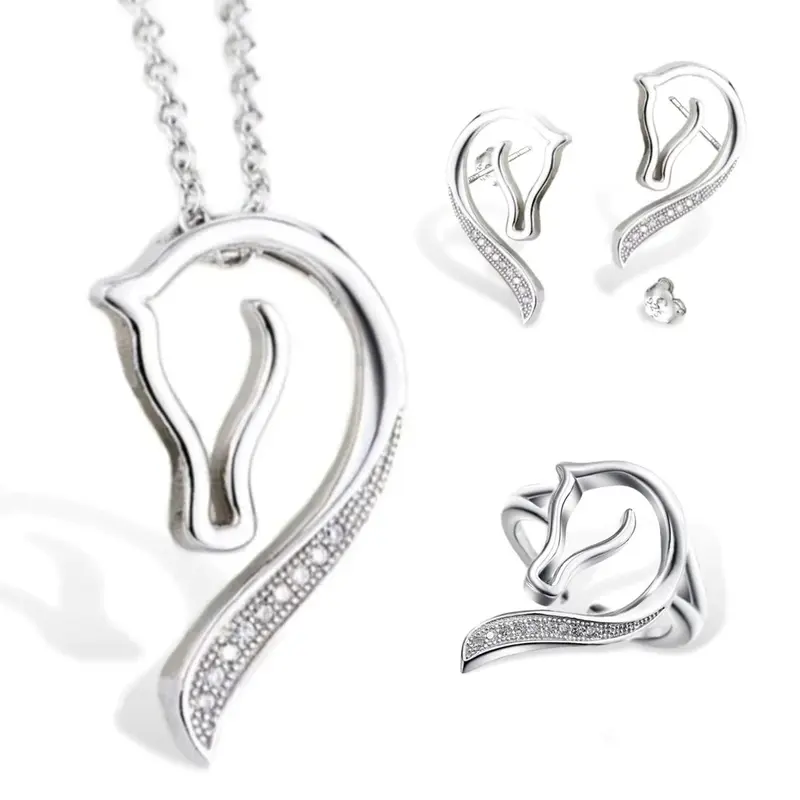 Parure complète Collier, Boucles d'oreilles et Bague - Cheval - argent massif et zircon