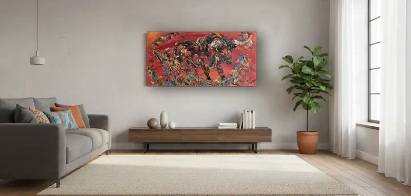 Peinture Originale "Furia Ibérica" - Taureau Espagnol sur Fond Rouge - 50x100 cm