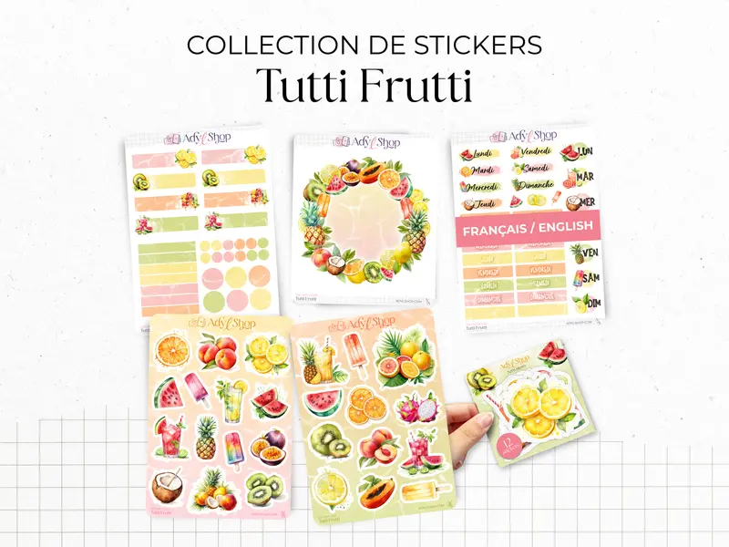 Planches de Stickers "Tutti Frutti" - Autocollants sur le thème de l'été et des fruits - Couleurs vitaminées - Bullet Journal Planner