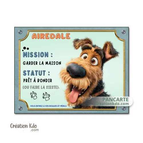 Plaque Airedale  Panneau portail version cartoon dessin animé