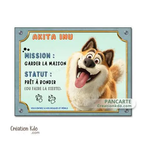 Plaque Akita Inu Attention au chien mission garder la maison Panneau cartoon animé
