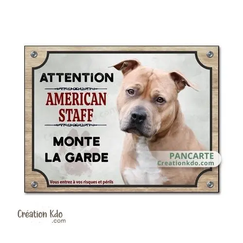Plaque American Staff marron et blanc monte la garde Panneau attention au chien