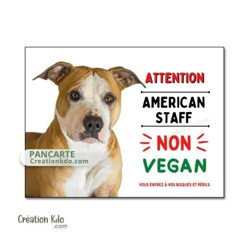 Plaque American Staff Panneau portail attention au chien humour vegan