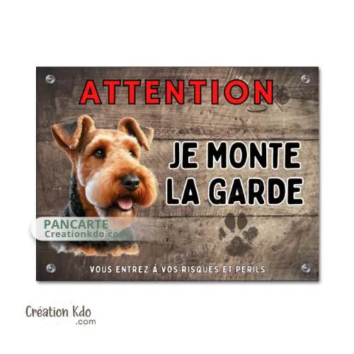 Plaque Attention Airedale Je monte la garde Panneau de portail ou porte version dessin (modèle 2)