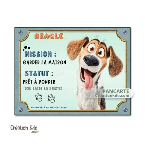 Plaque Attention au chien Beagle panneau dessin animé mission garder la maison
