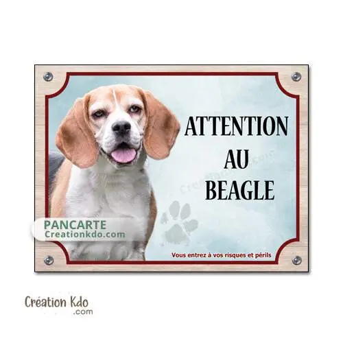 Plaque Attention au chien Beagle panneau fond bleu pastel