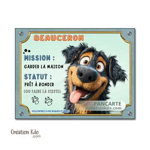 Plaque Attention au chien Beauceron mission garder la maison version cartoon