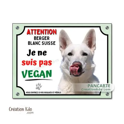 Plaque Attention au chien  Berger Blanc Suisse humour je ne suis pas vegan panneau