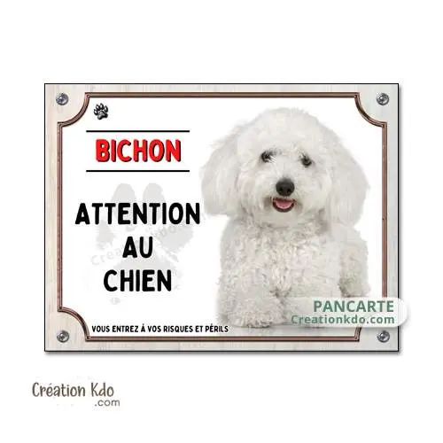 Plaque Attention au chien, Bichon couché panneau de portail en aluminium