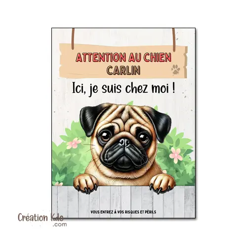 Plaque Attention au chien Carlin ici, je suis chez moi panneau