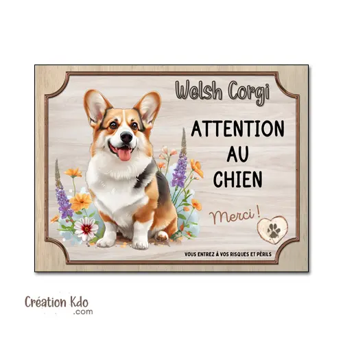 Plaque Attention au chien Merci Welsh Corgi Panneau déco floral de portail